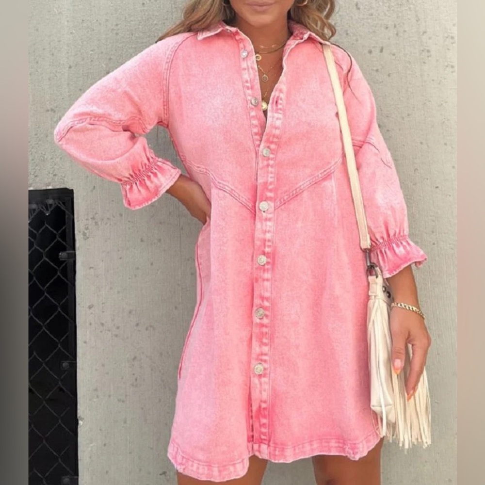 Small Pink Denim Shirt Dress 3/4 Long Sleeve Button Down